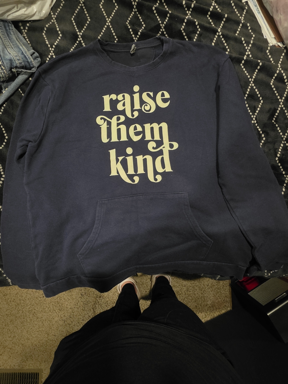 Modern Mom Designs - "Raise Them Kind" Navy Graphic Sweatshirt with pocket